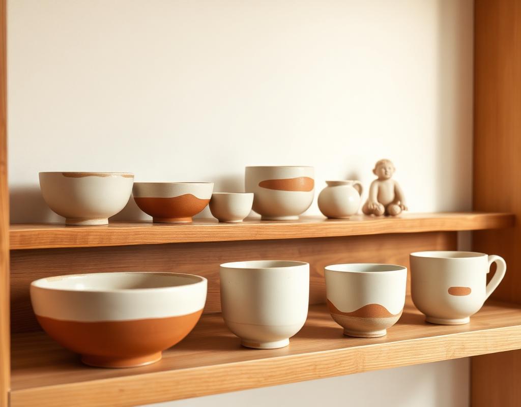 Finished pottery on wooden shelves